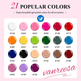 VANREESA color range laid flat displaying 21 gel polish hues for styling
