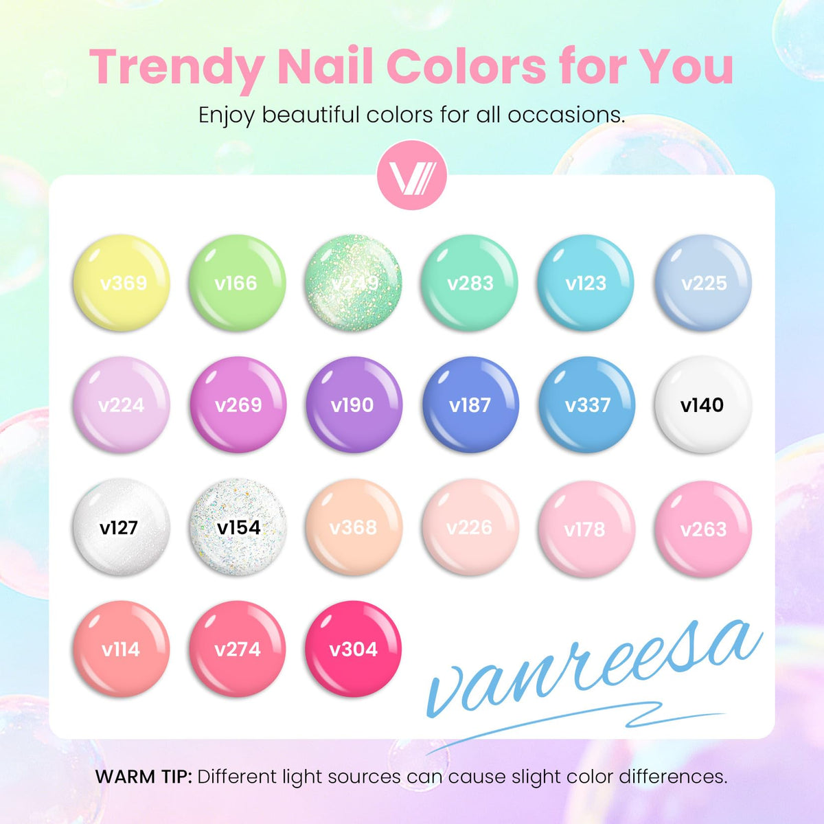 VANREESA color swatch array of 21 pastel shades for easy color selection