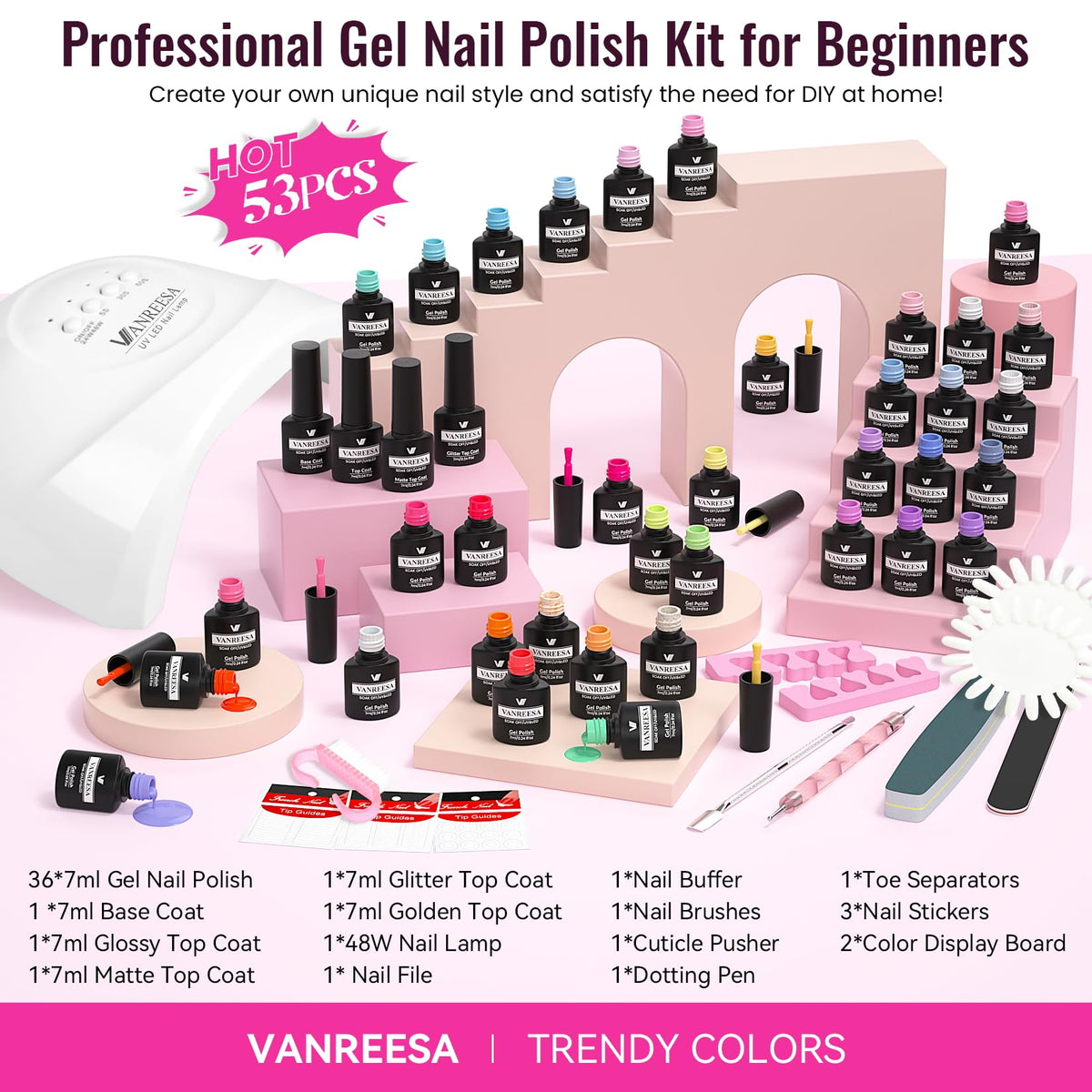 VANREESA color swatch boards with painted samples to preview shades