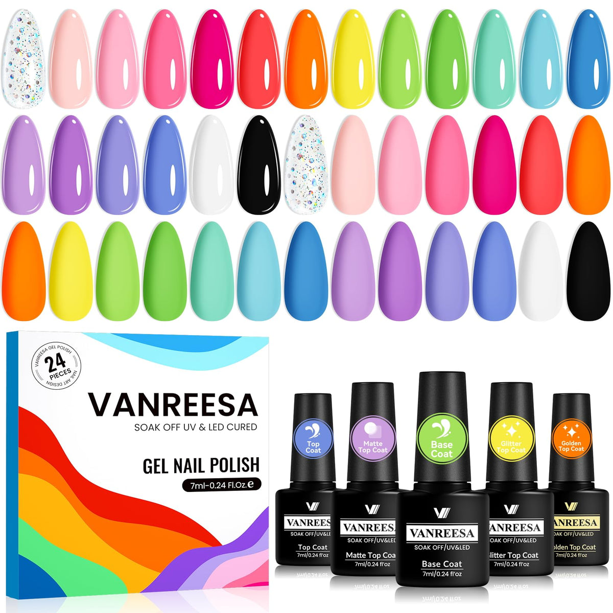 VANREESA front packaging showing full 24-piece gel nail kit and benefits