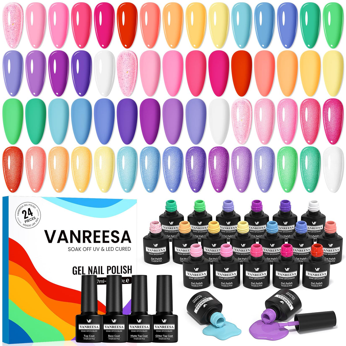 VANREESA front packaging showing complete 24-piece kit and colorful bottles benefit instant all-in-one set