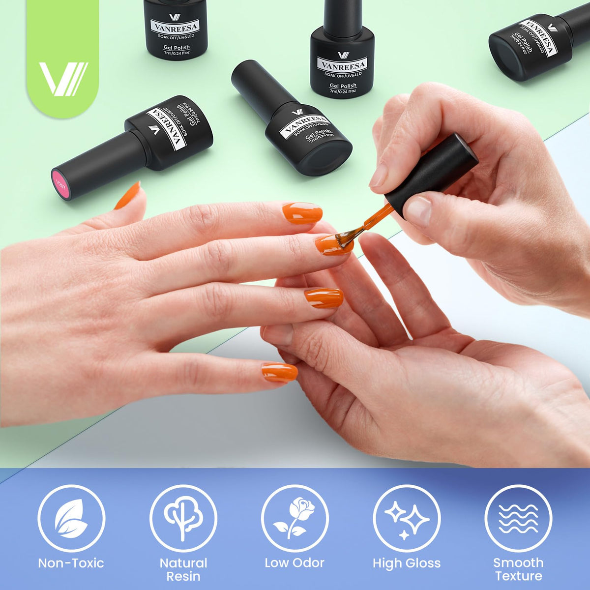 VANREESA glossy and matte finish swatches showing shine options for styling