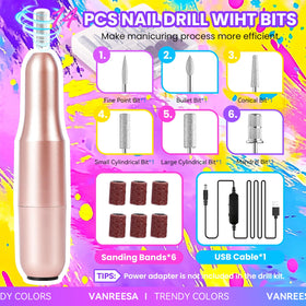 VANREESA nail drill with six bits showing versatile prep and shaping advantages