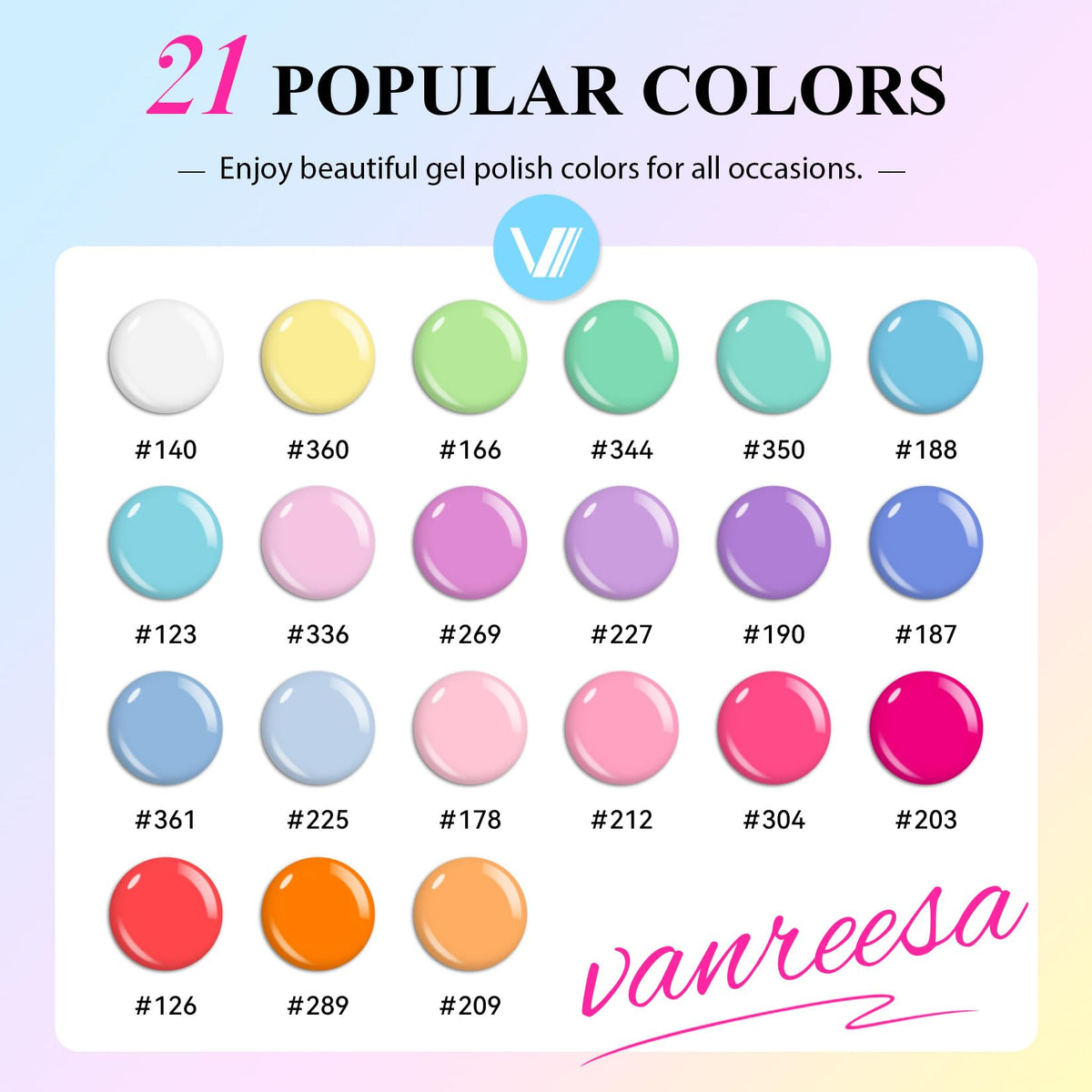 VANREESA open kit layout displaying 21 color bottles plus base and two top coats