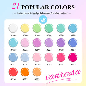 VANREESA open kit layout displaying 21 color bottles plus base and two top coats