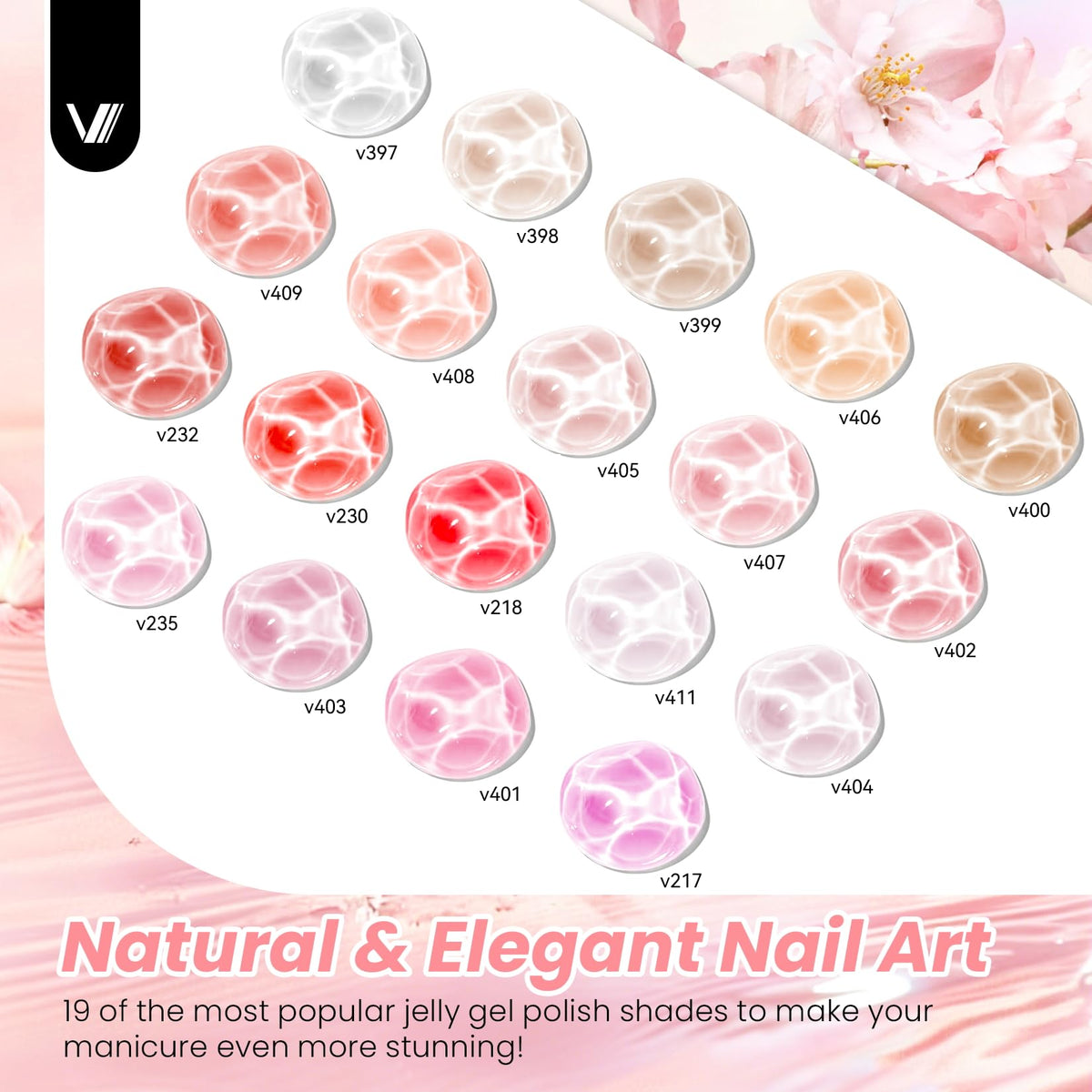 VANREESA laid-out bottles showing 19 soft nude and milky jelly shades