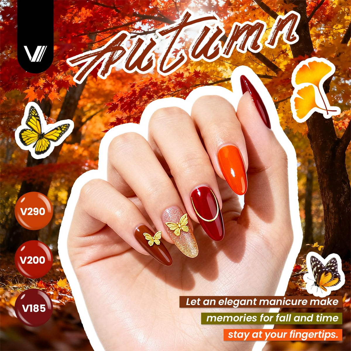 VANREESA base and four top coat bottles illustrating glossy, matte, glitter finishes