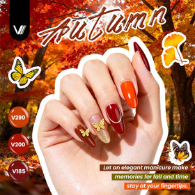 VANREESA base and four top coat bottles illustrating glossy, matte, glitter finishes