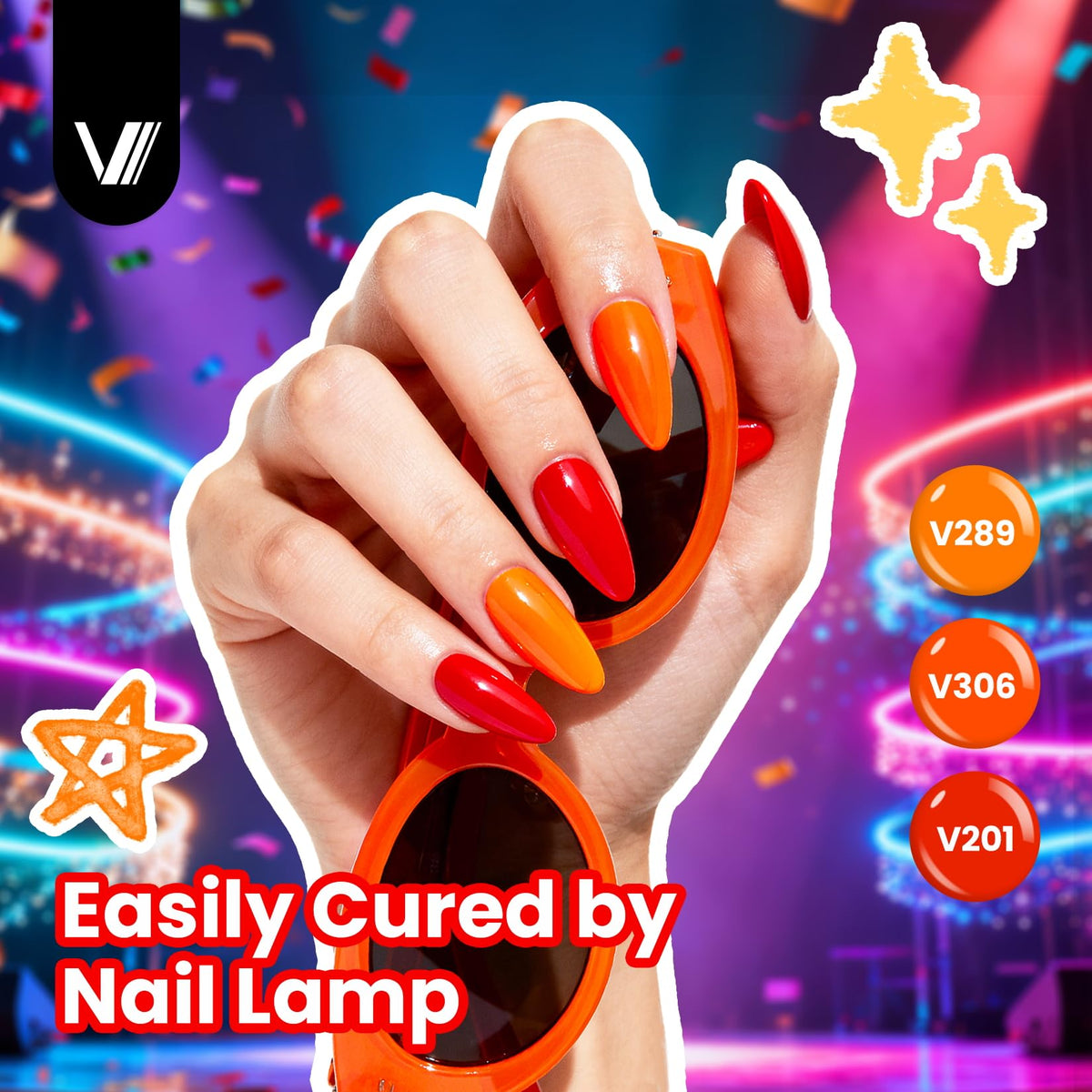 Nail tip wheel with VANREESA neon swatches illustrating vibrant shades