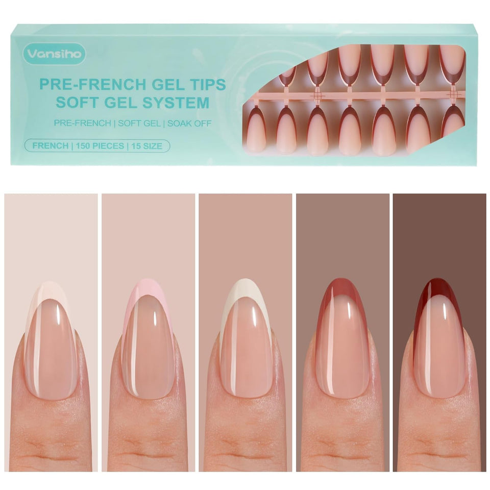 Vansiho front packaging showing almond French gel tips and kit contents for quick application
