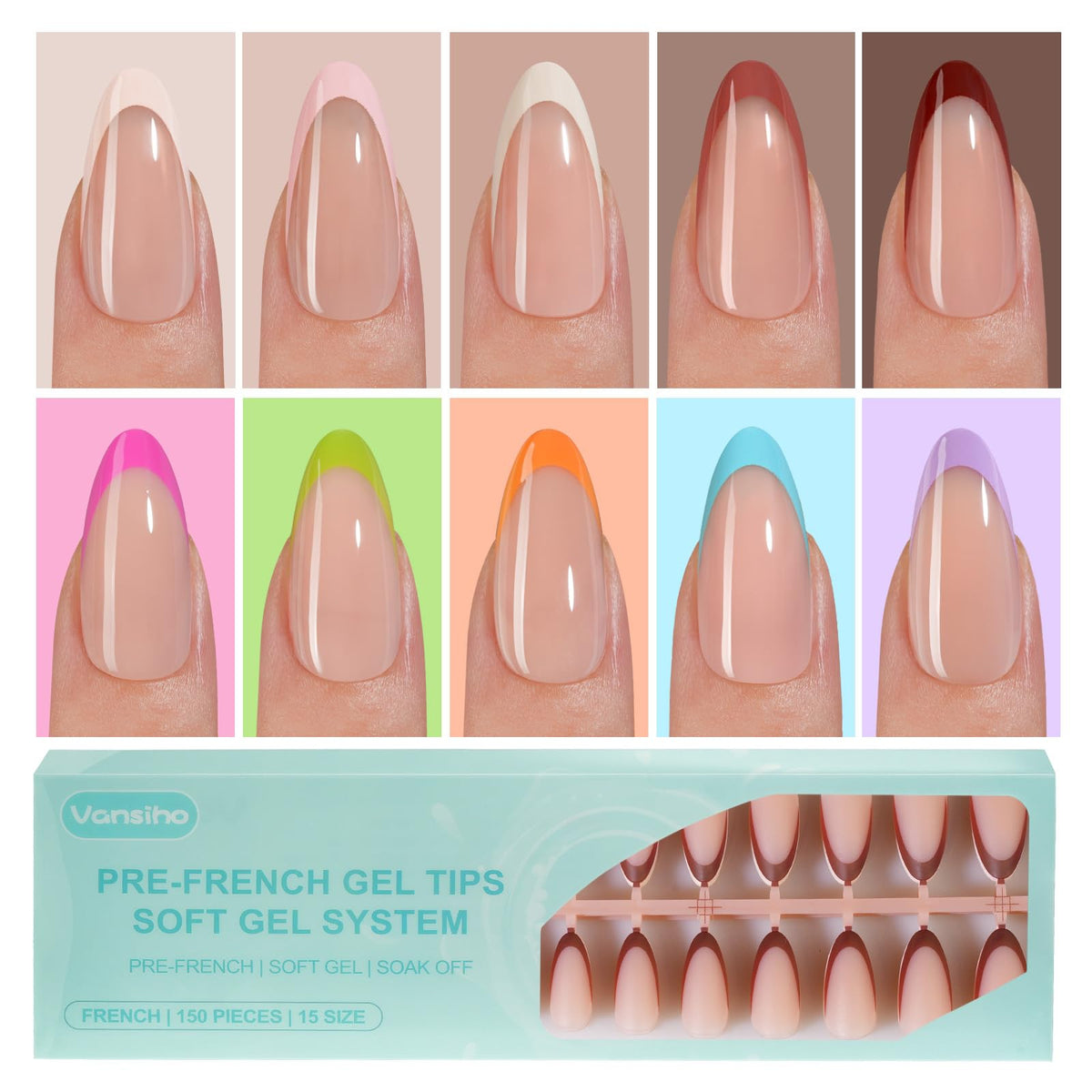 Vansiho front packaging showing 300 almond French gel tips, clear organization benefit