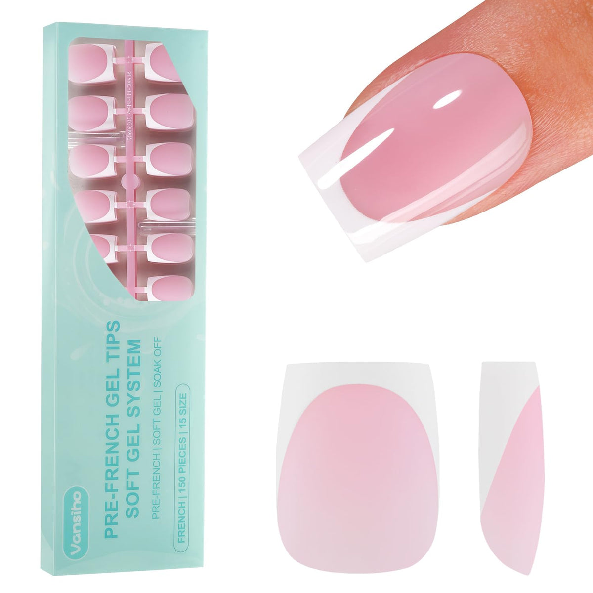 Vansiho front packaging showing 150 pink French gel nails and kit benefits