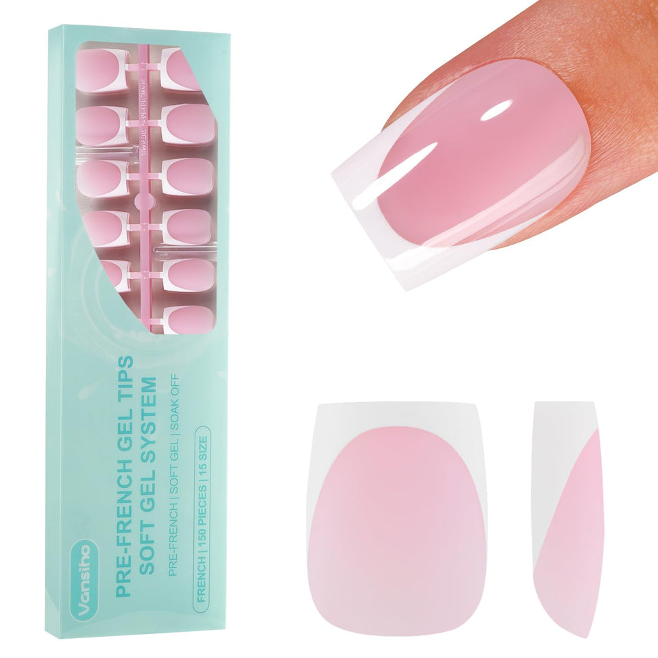 Vansiho front packaging showing 150 pink French gel nails and kit benefits
