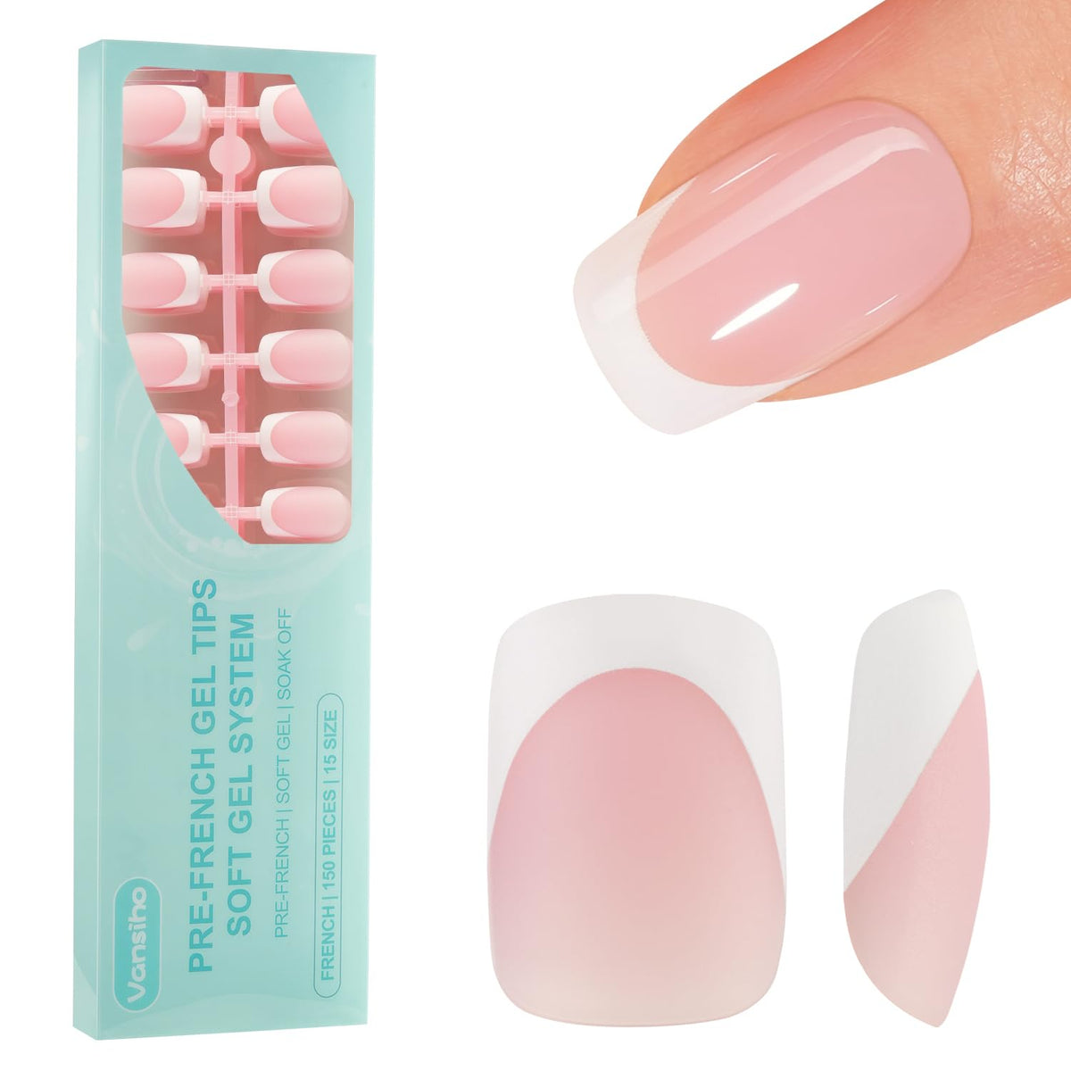 Vansiho front packaging showing 150 French gel tips and included sizes, clear organization benefit