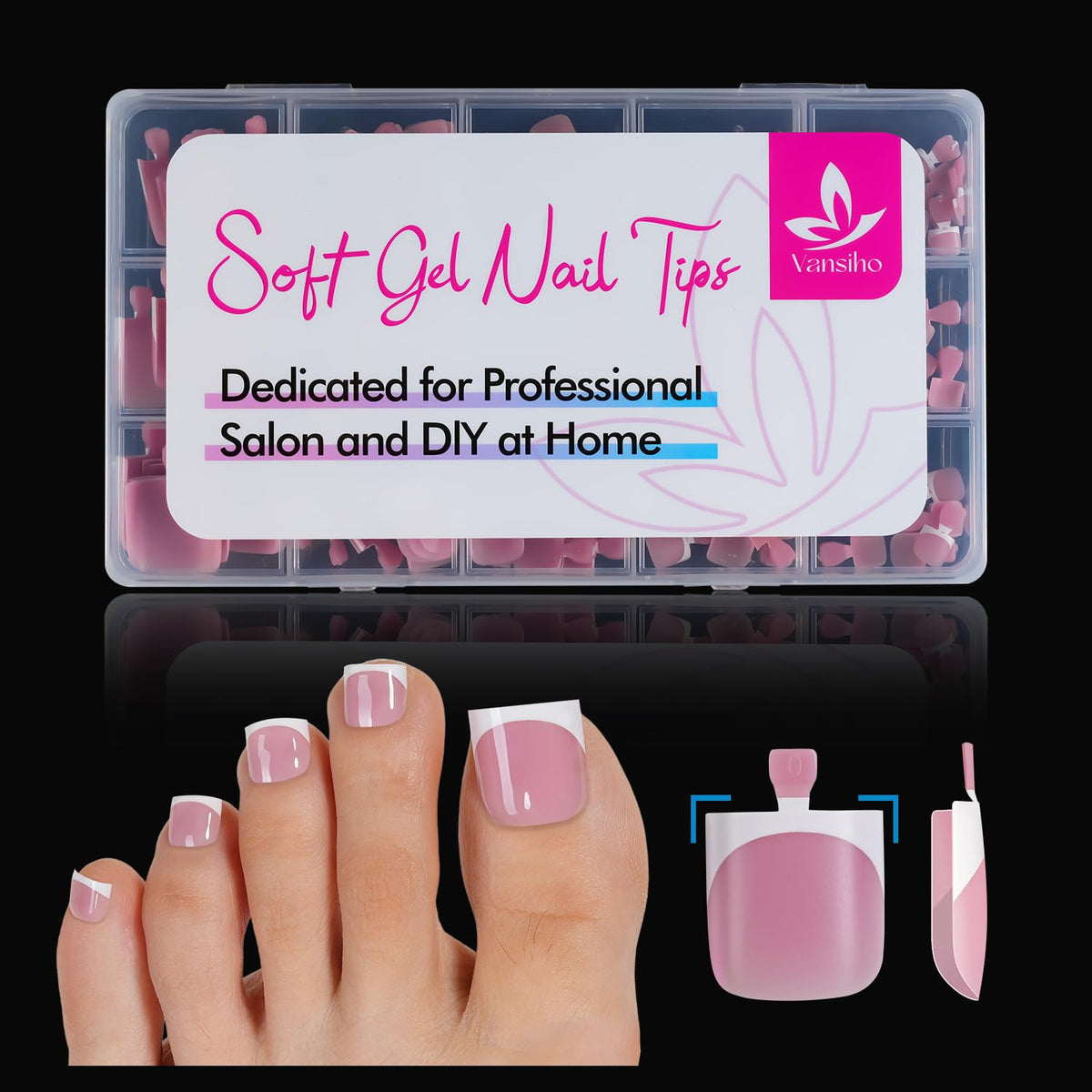 Vansiho front packaging showing 150-piece French tip toe nails and clear kit benefits