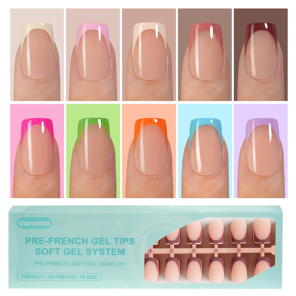 Vansiho front packaging showing 300 short square French gel nail tips, clear organization benefit