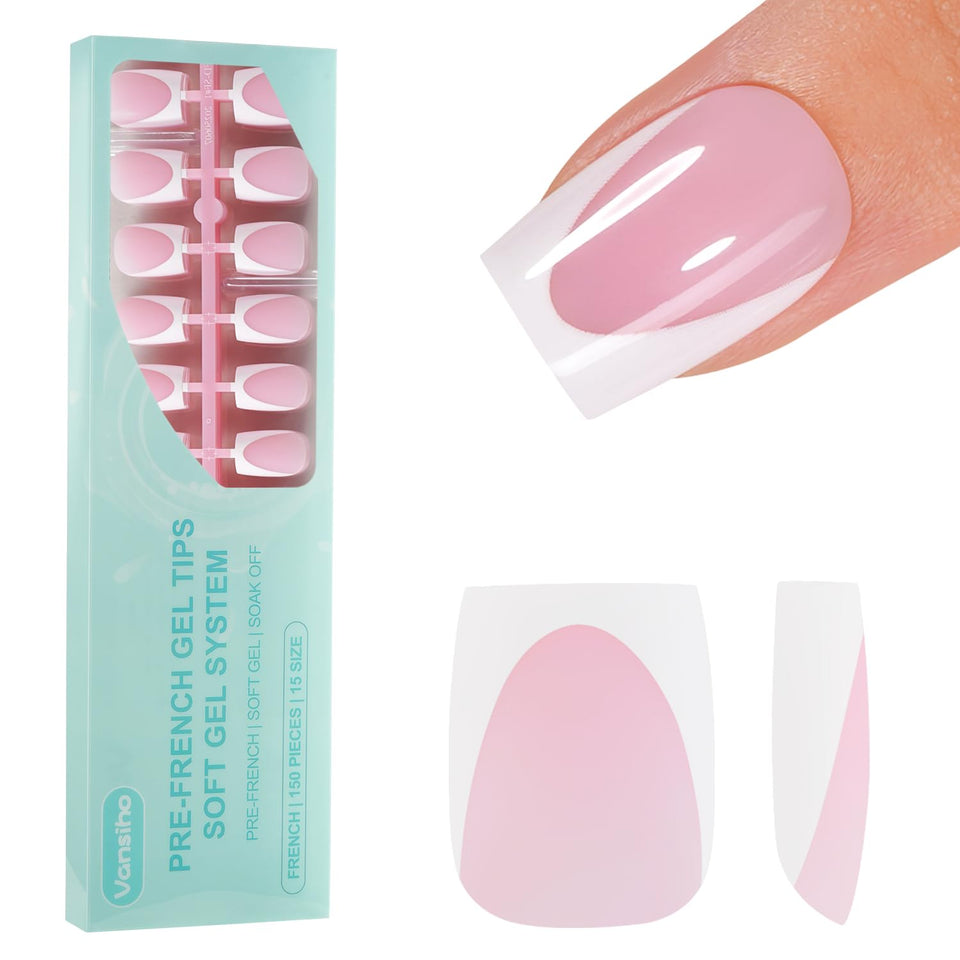 Vansiho front packaging showing 150-piece French gel nail kit and quick setup benefit