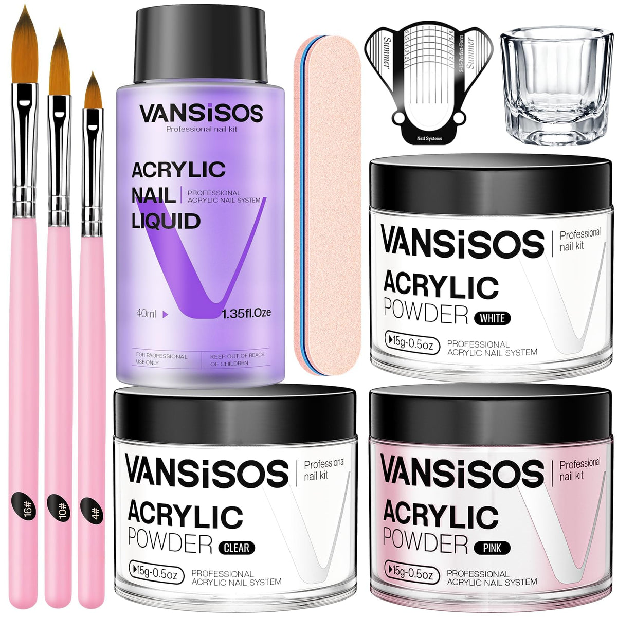 VANSISOS front packaging showing full acrylic kit and included supplies for easy start