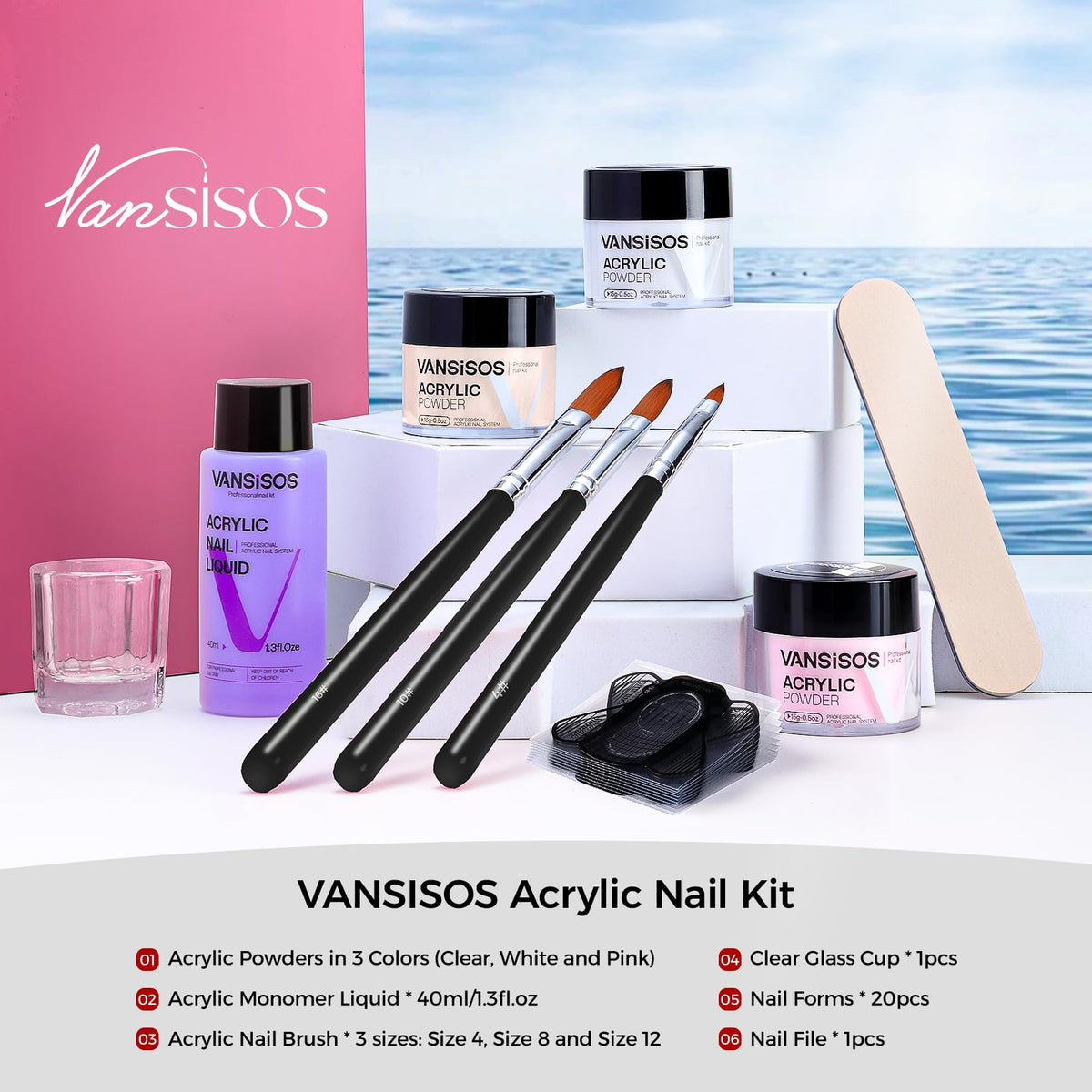 VANSISOS close-up of acrylic powders and glitters for precise color mixing