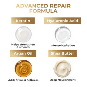 VAO ingredients flatlay with argan oil and shea for repair benefits
