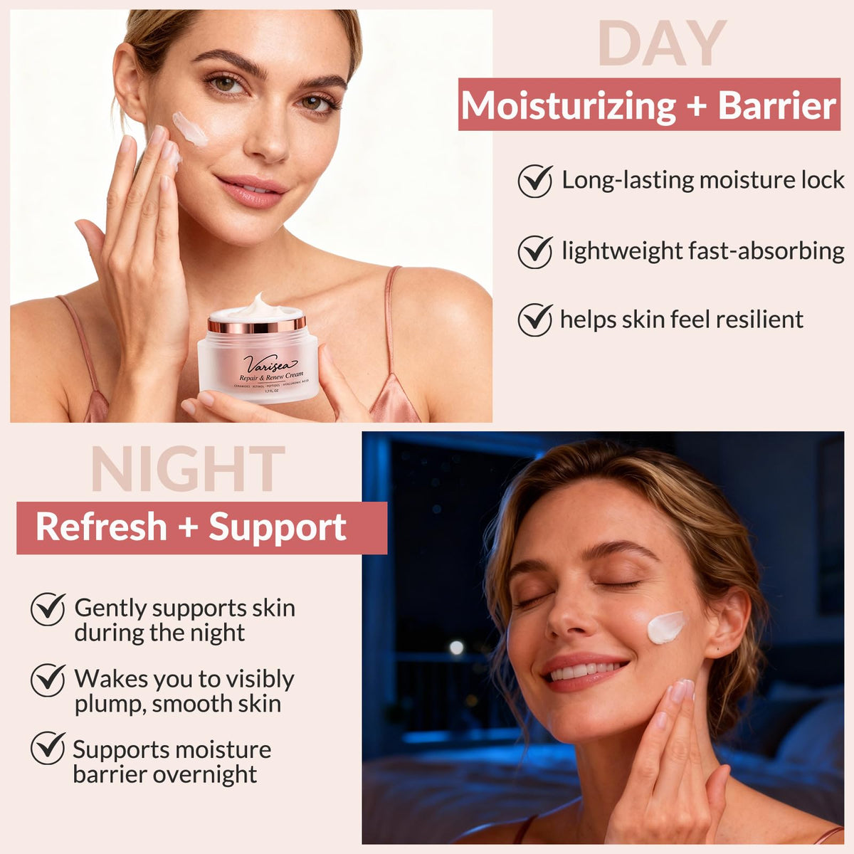 Varisea ingredient label highlighting retinol and triple ceramides for barrier support