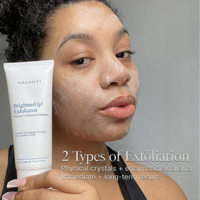 bathroom counter with VASANTI BrightenUp! in a morning routine setting for radiant skin benefit