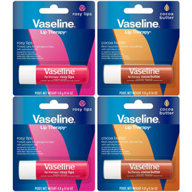 Vaseline variety 4-pack front view shows both Rosy and Cocoa Butter sticks for convenience