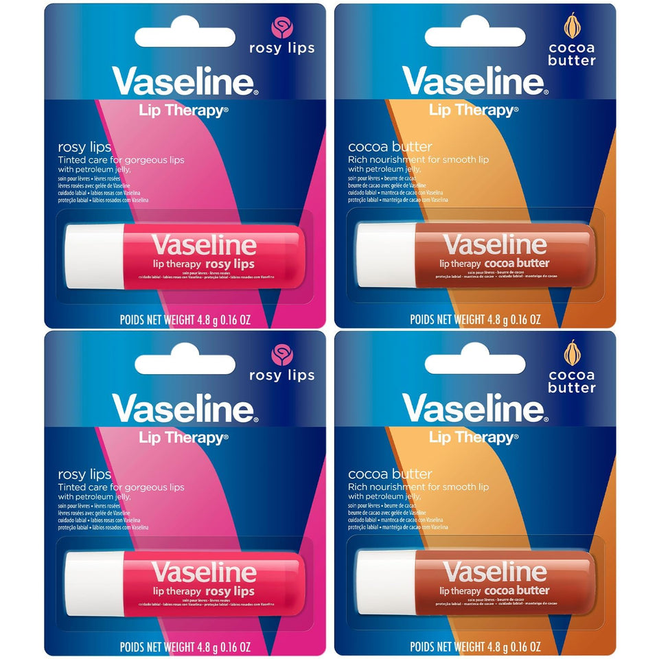 Vaseline variety 4-pack front view shows both Rosy and Cocoa Butter sticks for convenience