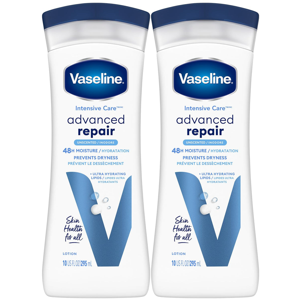 Vaseline front packaging showing two unscented bottles for lasting hydration