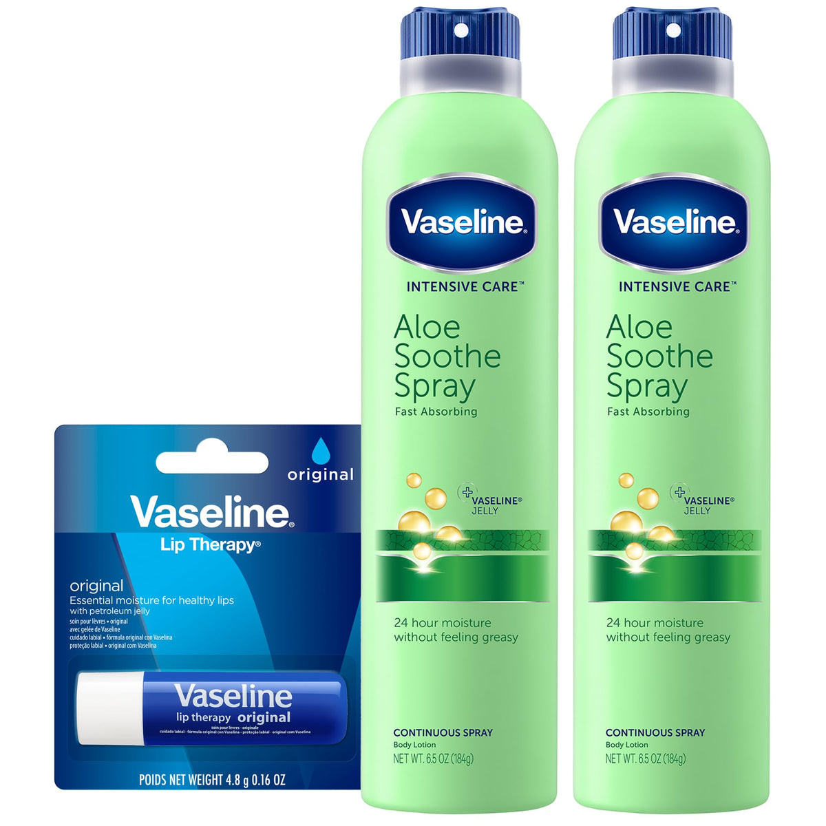 Vaseline aerosol front packaging showing twin pack and size benefit