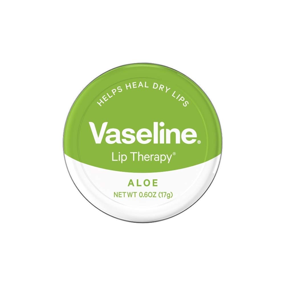 Vaseline tin front view showing aloe lip therapy and compact size benefit