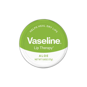 Vaseline tin front view showing aloe lip therapy and compact size benefit
