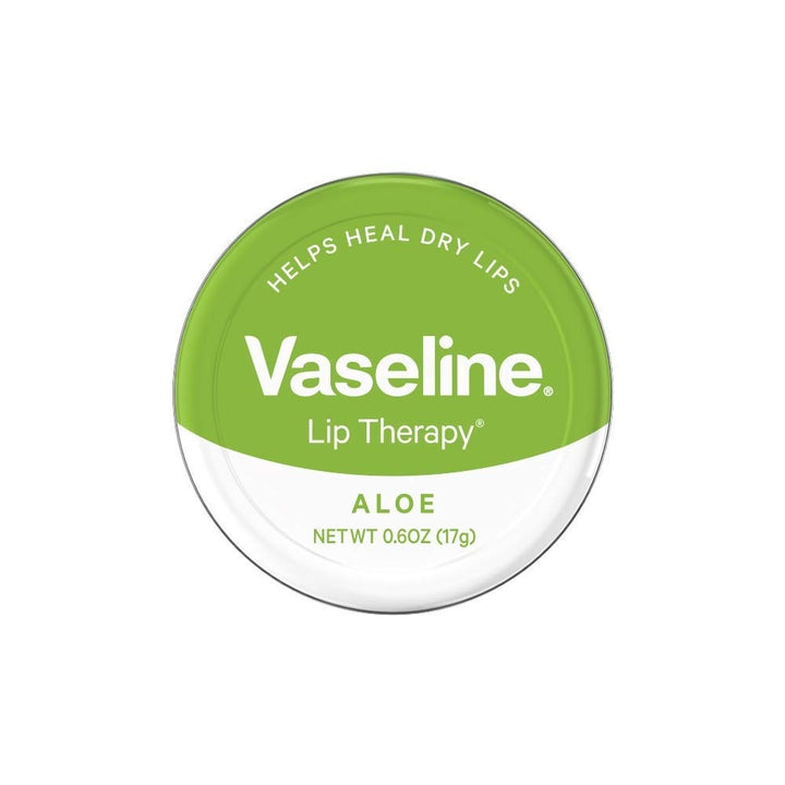 Vaseline tin front view showing aloe lip therapy and compact size benefit