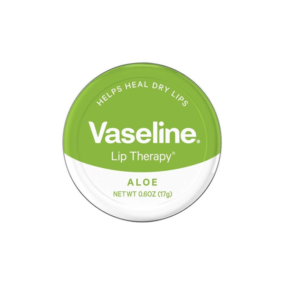 Vaseline tin front view showing aloe lip therapy and compact size benefit
