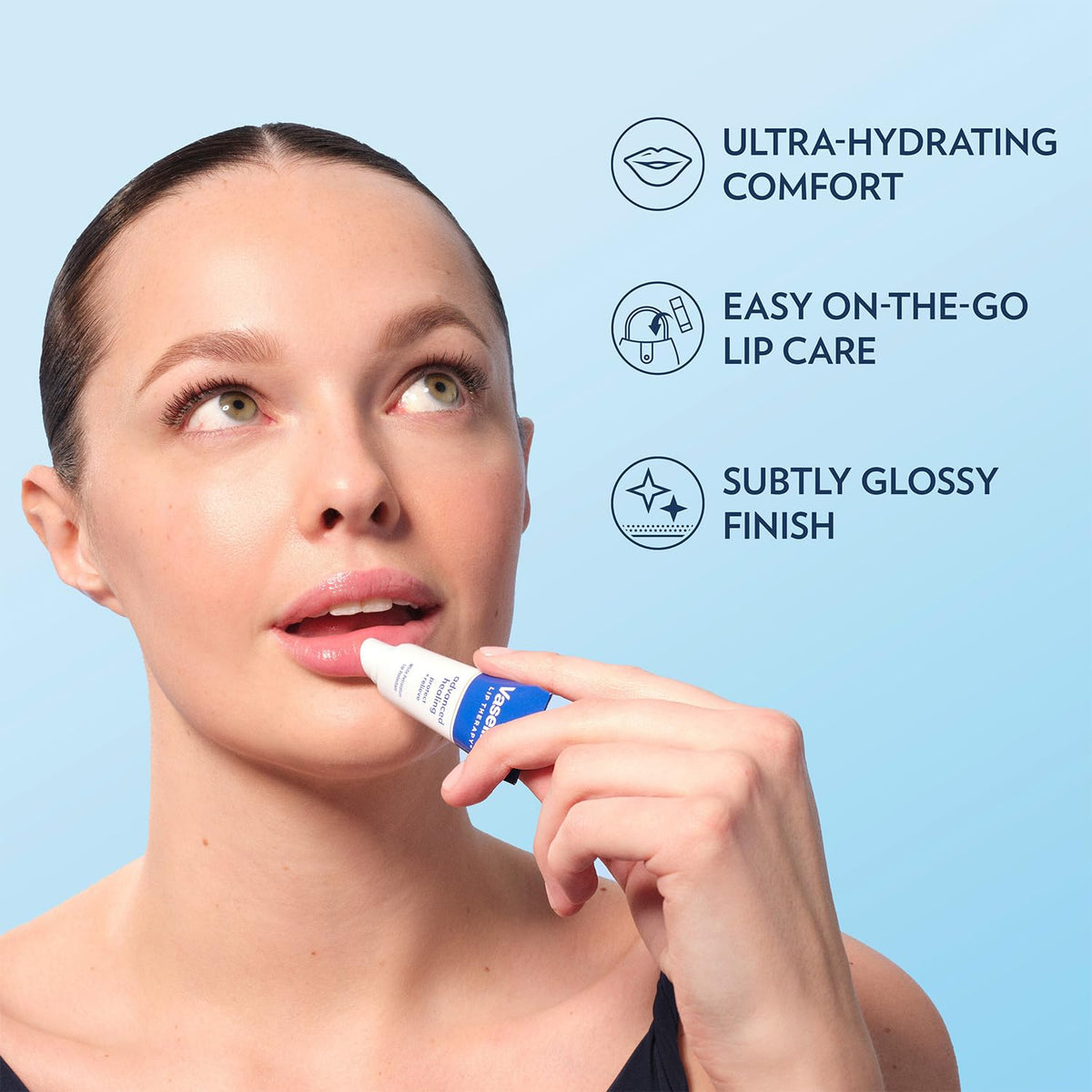 Vaseline tube being applied to lips demonstrating quick soothing benefit