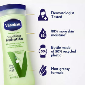 Vaseline bottle beside aloe leaf highlighting soothing aloe benefit