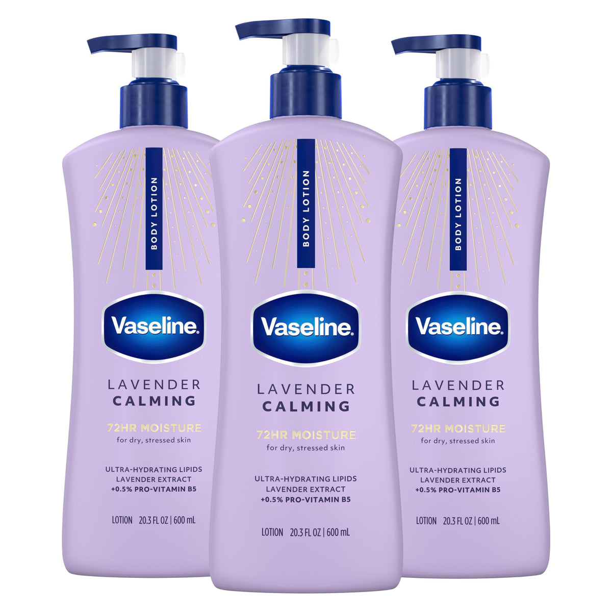 Vaseline front packaging showing three 20.3 oz bottles and calming lavender scent benefit
