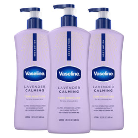 Vaseline front packaging showing three 20.3 oz bottles and calming lavender scent benefit