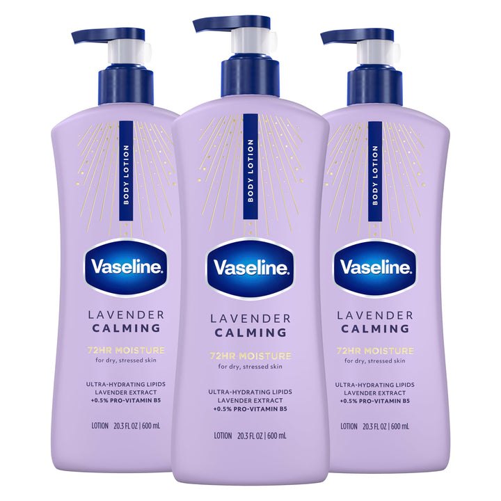 Vaseline front packaging showing three 20.3 oz bottles and calming lavender scent benefit