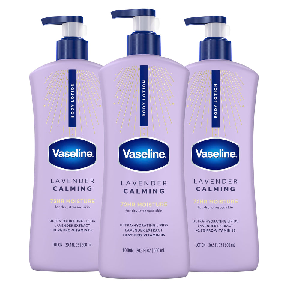 Vaseline front packaging showing three 20.3 oz bottles and calming lavender scent benefit