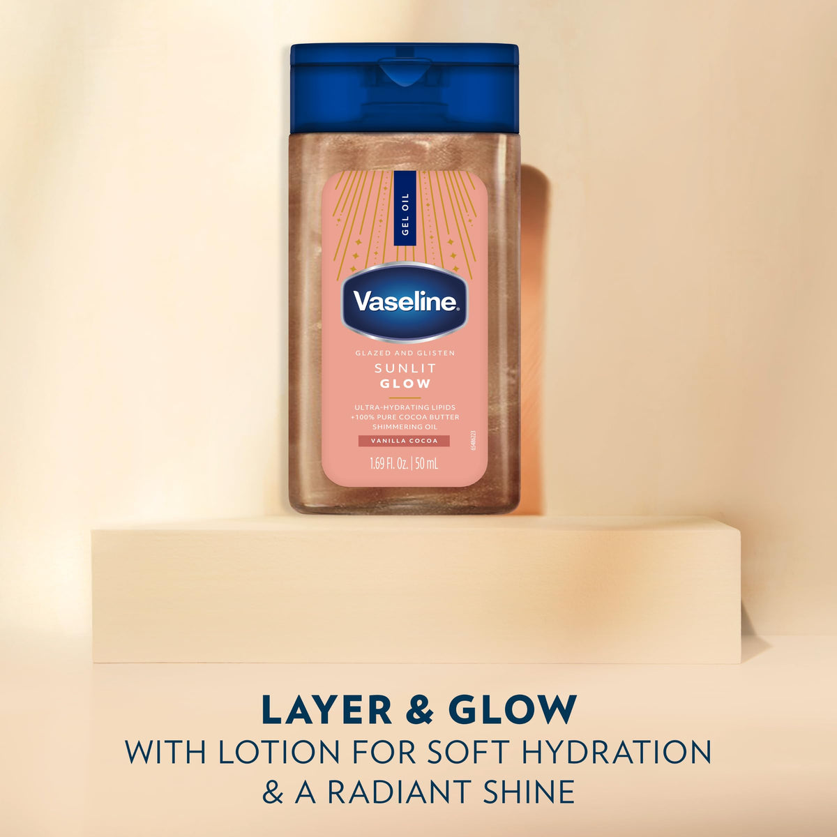 Vaseline close-up of gel-to-oil texture demonstrating quick absorption and silky finish benefit