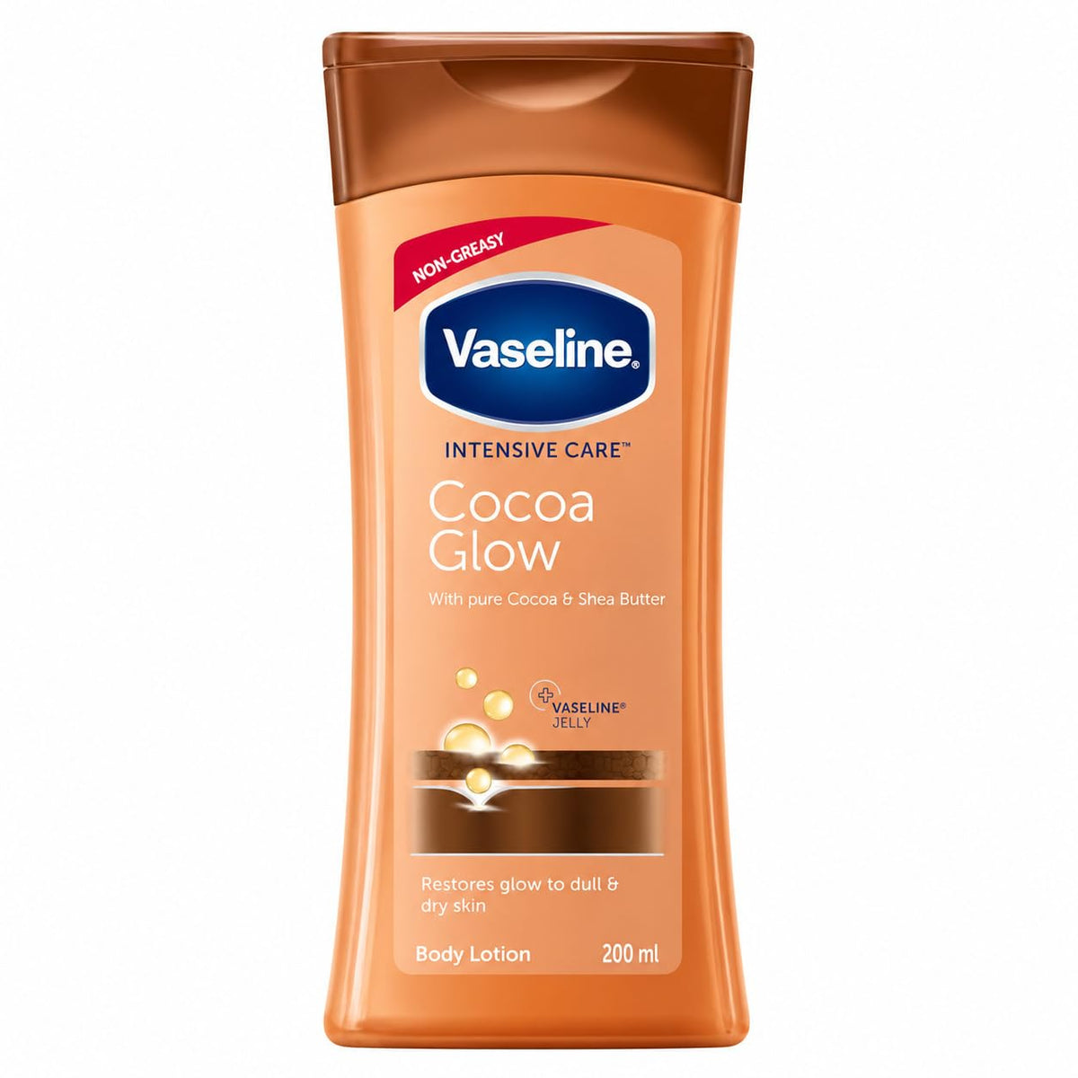 Vaseline front bottle showing 200ml label and cocoa butter benefit