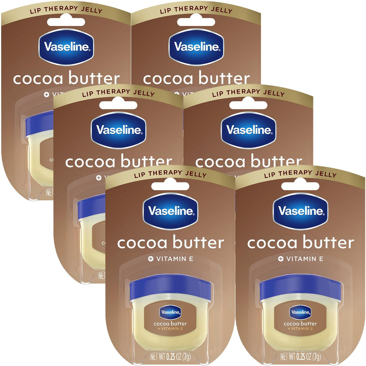 Vaseline front packaging showing six cocoa butter mini tins for easy moisturizing