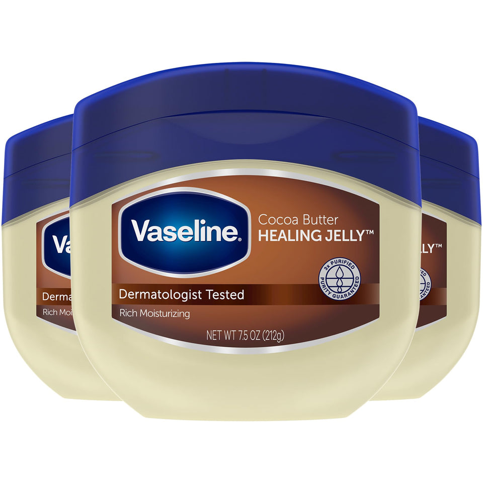 Vaseline front packaging of three-pack showing product and label benefits