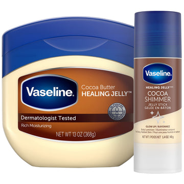 Vaseline jar front view showing cocoa butter label and hydration benefits