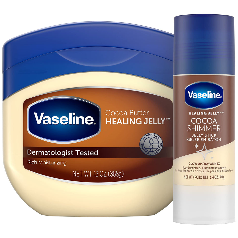 Vaseline jar front view showing cocoa butter label and hydration benefits