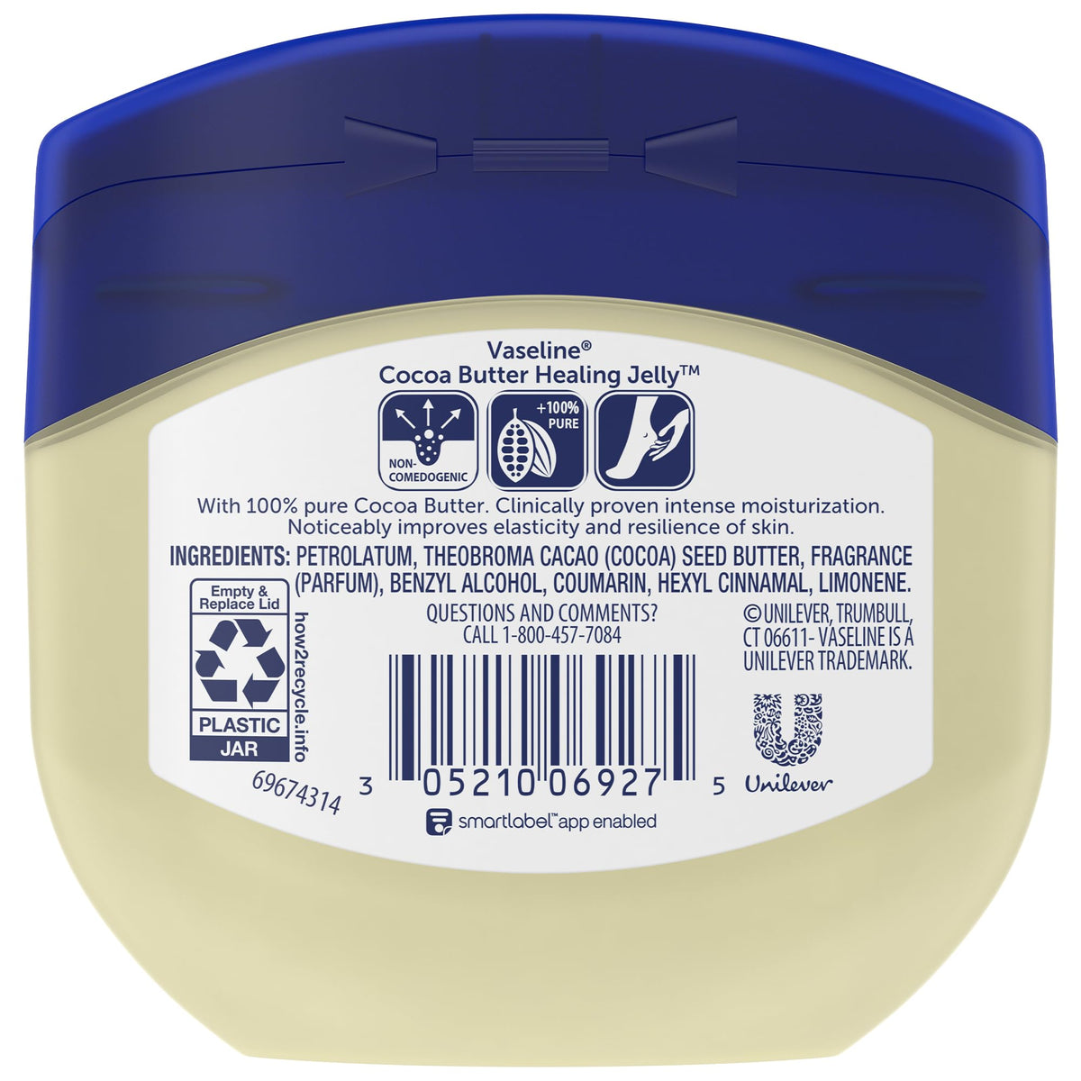 Vaseline open tub showing smooth cocoa butter jelly texture for hydration