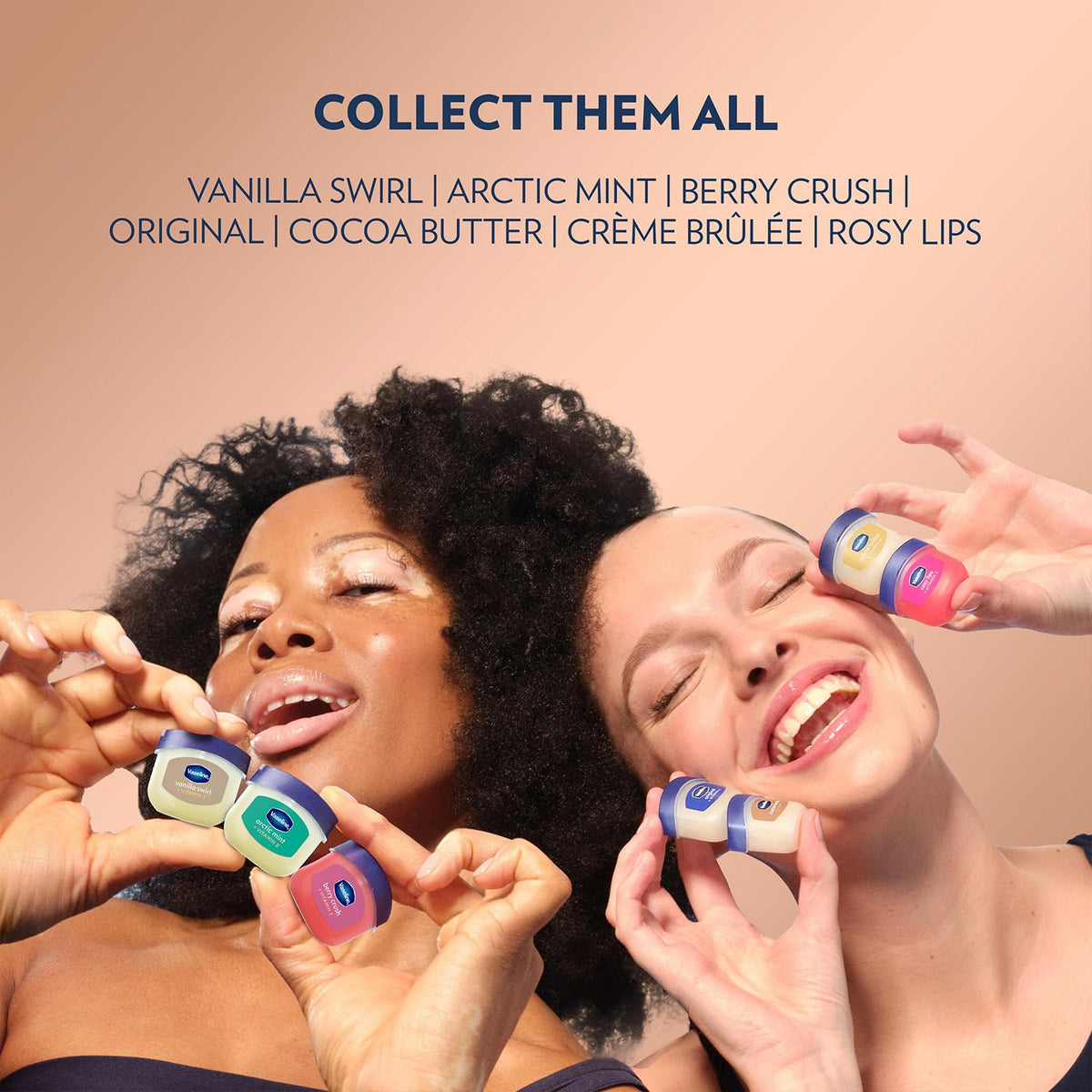 Six Vaseline cocoa butter tins arranged to show the complete multi‑pack supply