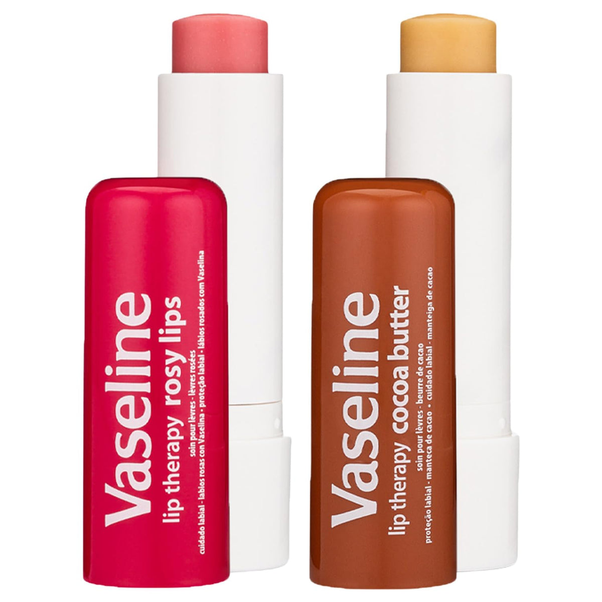 Vaseline Cocoa Butter stick angled to show smooth twist-up tube and nourishing formula