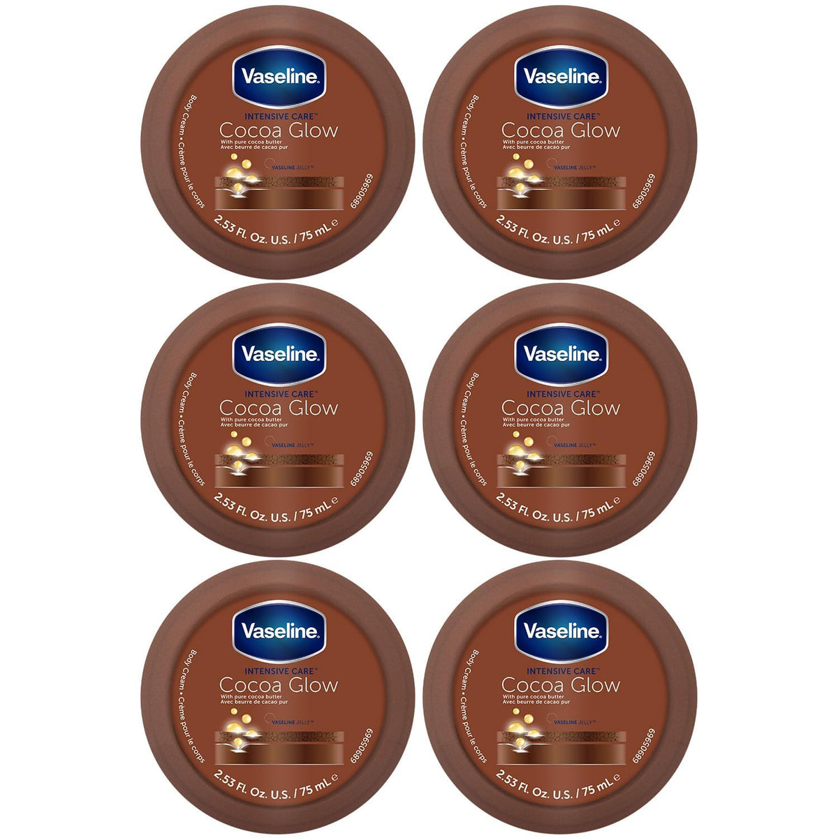 Vaseline front packaging showing six cocoa glow tubes and benefits
